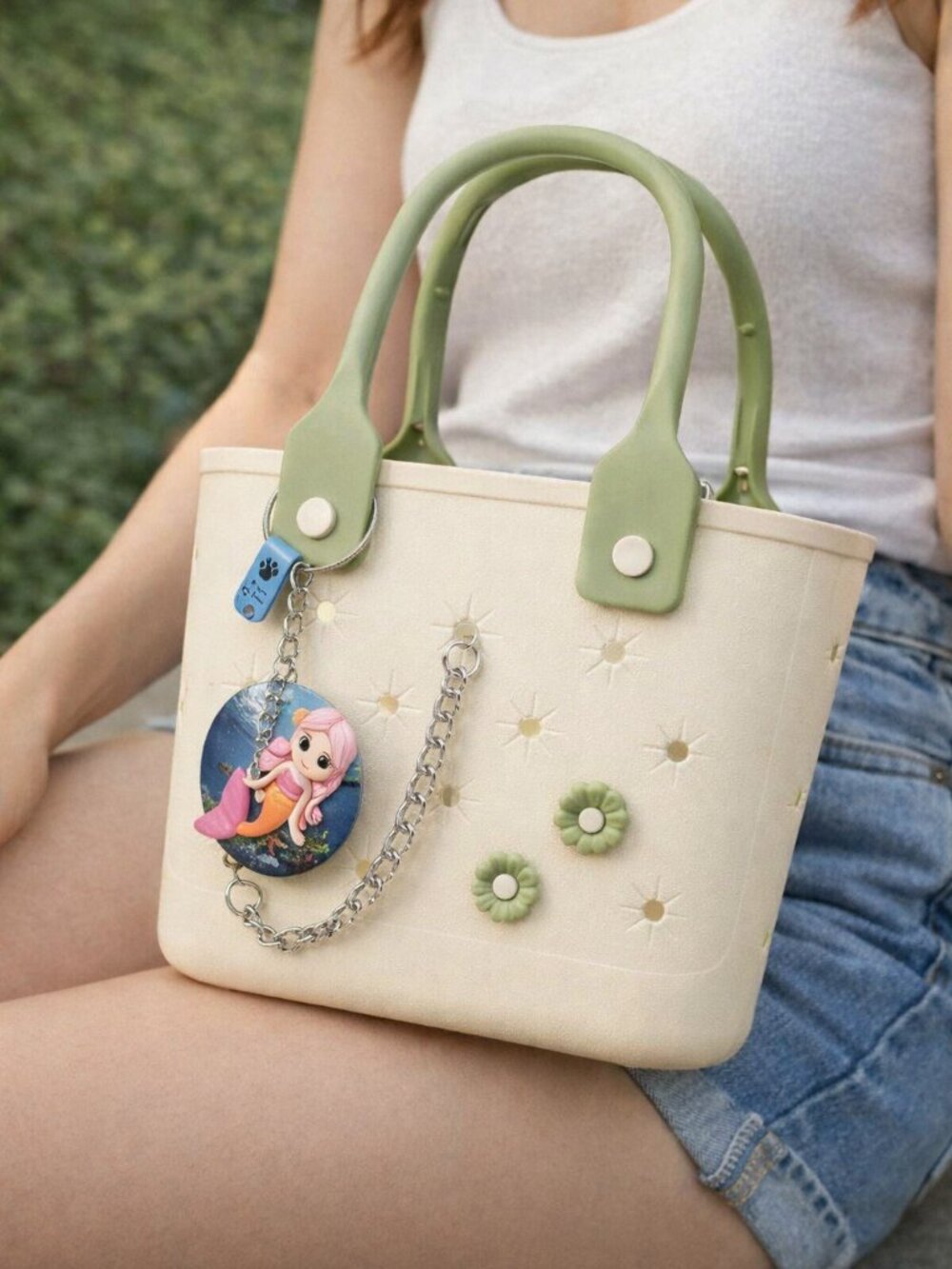 Cream & Green Flower Tote with Mermaid Charm - Picture 8 of 8
